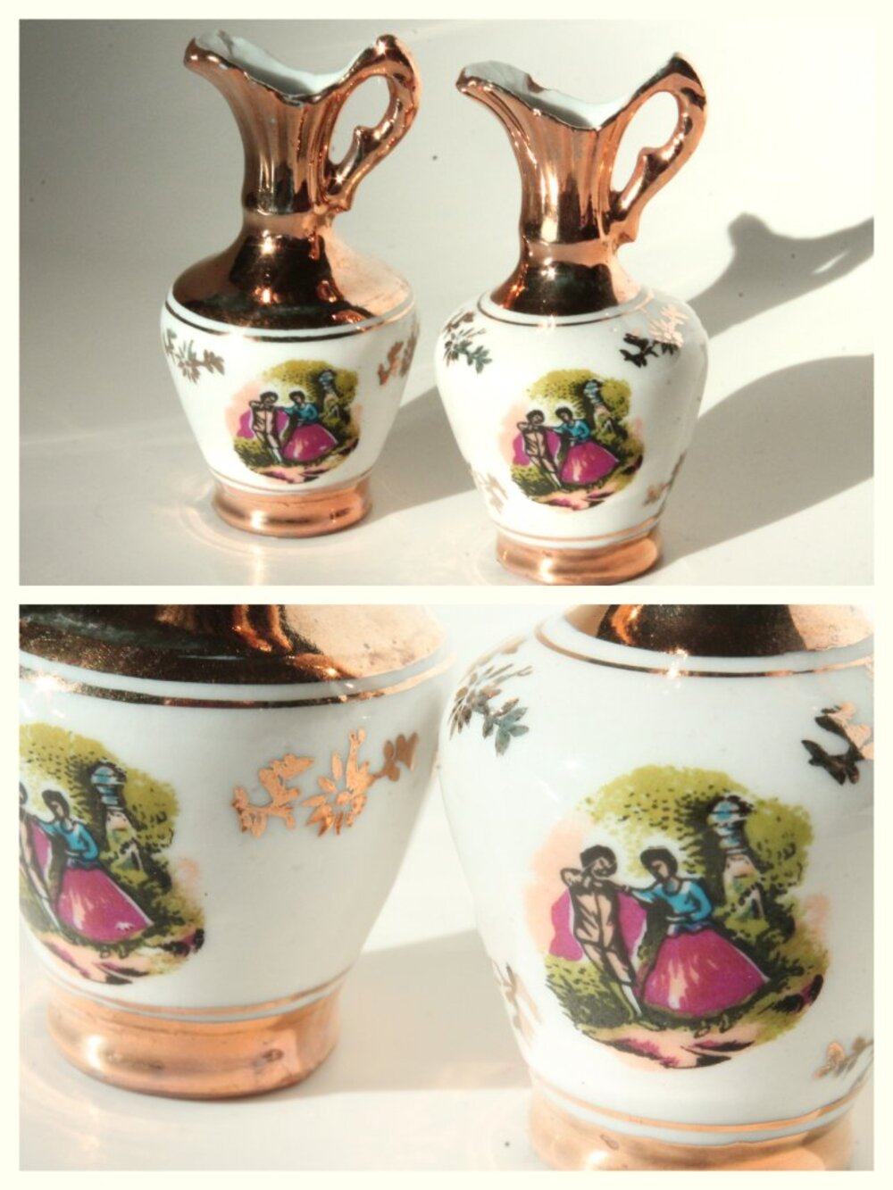 Miniature White and Gold Pitchers with Romantic Scene